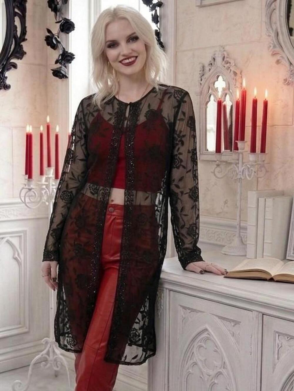 Due Per Due black lrose-patterned kimonoDuster, embroidered with stones. Size 16